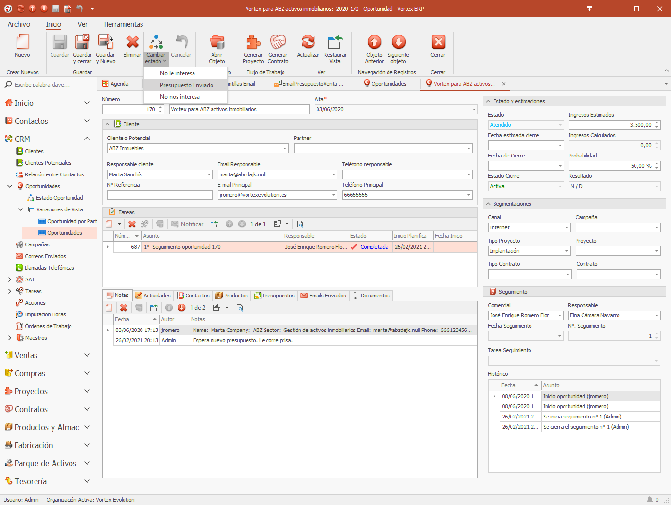 Detalle de ficha de oportunidad CRM