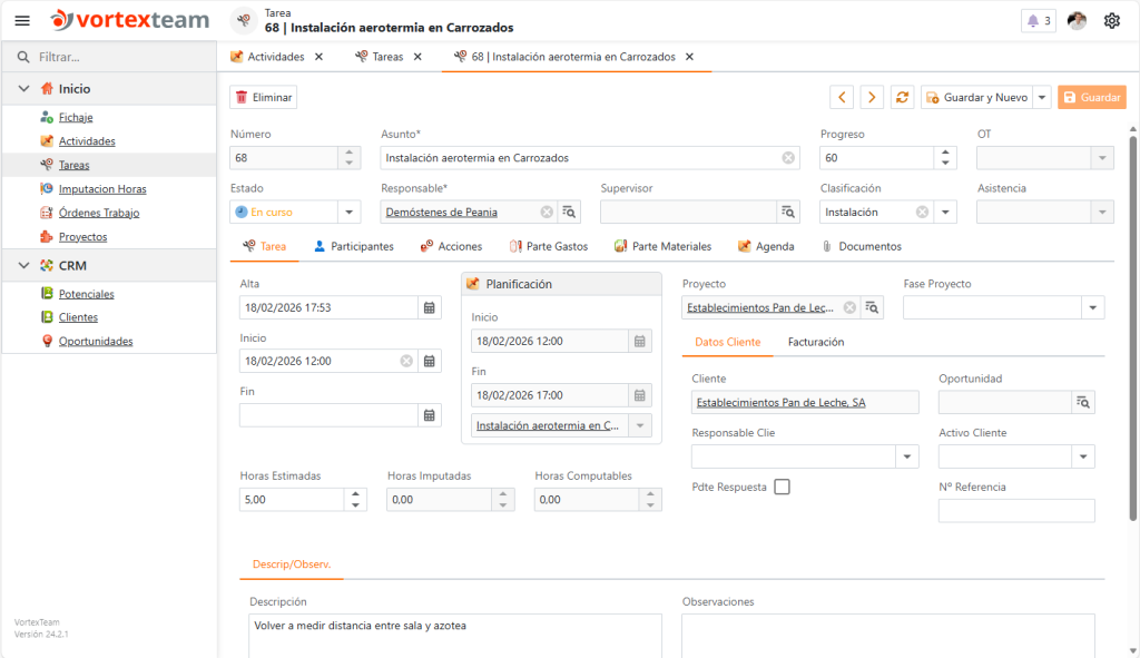 Detalle de tarea en VortexTeam