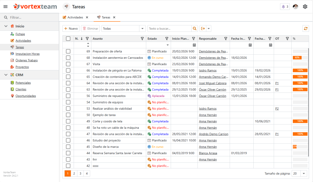 Listado de tareas en VortexTeam